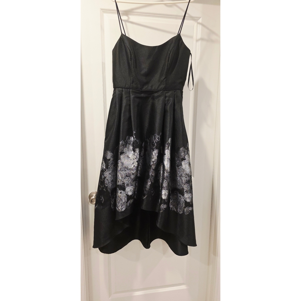 Xscape Black High-Low Cocktail Dress with Silver Floral Foil - Picture 4 of 5
